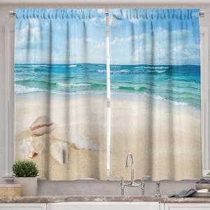 Ambesonne Kitchen Decor Collection, Sunset View on The Beach Shore Waves Surf Modern Home Decor Rocks Boats Sea Scenery, Window Treatments for Kitchen Curtains 2 Panels, 55X39 Inches, Blue Orange(Cream Teal)