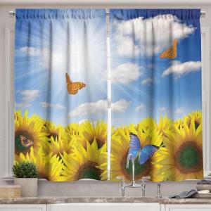 Ambesonne Kitchen Decor Collection, Sunset View on The Beach Shore Waves Surf Modern Home Decor Rocks Boats Sea Scenery, Window Treatments for Kitchen Curtains 2 Panels, 55X39 Inches, Blue Orange(Yellow Blue)