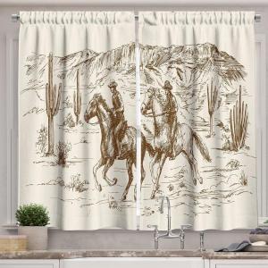 Ambesonne Kitchen Decor Collection, Sunset View on The Beach Shore Waves Surf Modern Home Decor Rocks Boats Sea Scenery, Window Treatments for Kitchen Curtains 2 Panels, 55X39 Inches, Blue Orange(Umber Cream)