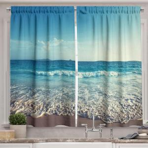 Ambesonne Kitchen Decor Collection, Sunset View on The Beach Shore Waves Surf Modern Home Decor Rocks Boats Sea Scenery, Window Treatments for Kitchen Curtains 2 Panels, 55X39 Inches, Blue Orange(Turquoise)