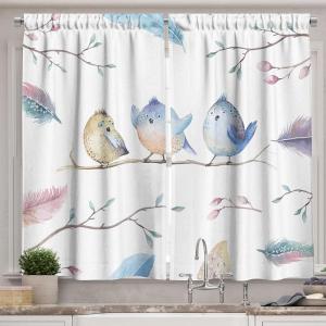 Ambesonne Kitchen Decor Collection, Sunset View on The Beach Shore Waves Surf Modern Home Decor Rocks Boats Sea Scenery, Window Treatments for Kitchen Curtains 2 Panels, 55X39 Inches, Blue Orange(White Blue)