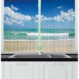 Ambesonne Kitchen Decor Collection, Sunset View on The Beach Shore Waves Surf Modern Home Decor Rocks Boats Sea Scenery, Window Treatments for Kitchen Curtains 2 Panels, 55X39 Inches, Blue Orange(Turquoise Cream)