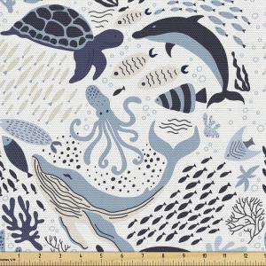 Ambesonne Mid Century Fabric by The Yard, Abstract Christmas Holiday Tree Illustrations Inspired by The Fifties, Decorative Fabric for Upholstery and Home Accents, 3 Yards, Black Yellow(Blue Seafoam)