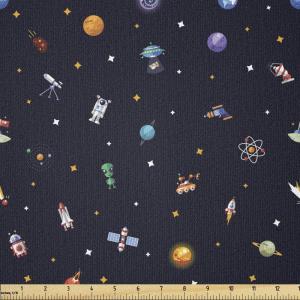 Ambesonne Mid Century Fabric by The Yard, Abstract Christmas Holiday Tree Illustrations Inspired by The Fifties, Decorative Fabric for Upholstery and Home Accents, 3 Yards, Black Yellow(Space Blue)