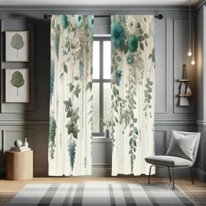 Ambesonne Modern Window Curtains, Jumble Colors Illustration of Oriental Floral Motif with Greenery Leaves, Lightweight Decorative 2-Panel Set & Rod Pocket, Pair of – 28″ x 63″, Pale Grey Multicolor(Eggshell Grey Teal)