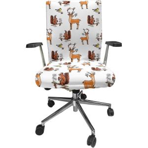 Ambesonne Squirrel Office Chair Cover, Christmas New Year Nature Pattern with Reindeers and Cardinal Birds Sketch Art, Stretchable Decorative Universal Size High Back Printed Slipcover, Brown White(Brown White)