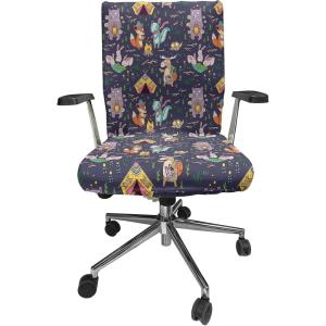 Ambesonne Squirrel Office Chair Cover, Christmas New Year Nature Pattern with Reindeers and Cardinal Birds Sketch Art, Stretchable Decorative Universal Size High Back Printed Slipcover, Brown White(Navy Blue)