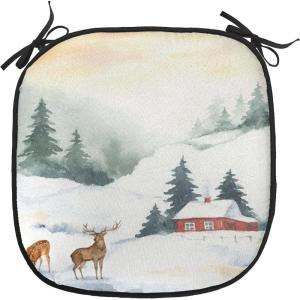 Ambesonne Vintage Christmas Chair Cushion Pads Set of 6, Snowy Winter Branches and Pine Cones Top View Rustic Vibes, Anti-Slip Seat Padding for Kitchen & Patio, 16″x16″, Ecru and Olive Green(Grey Teal Vermilion)