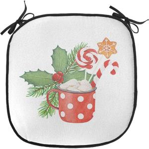 Ambesonne Vintage Christmas Chair Cushion Pads Set of 6, Snowy Winter Branches and Pine Cones Top View Rustic Vibes, Anti-Slip Seat Padding for Kitchen & Patio, 16″x16″, Ecru and Olive Green(Dark Salmon and Peacock Green)