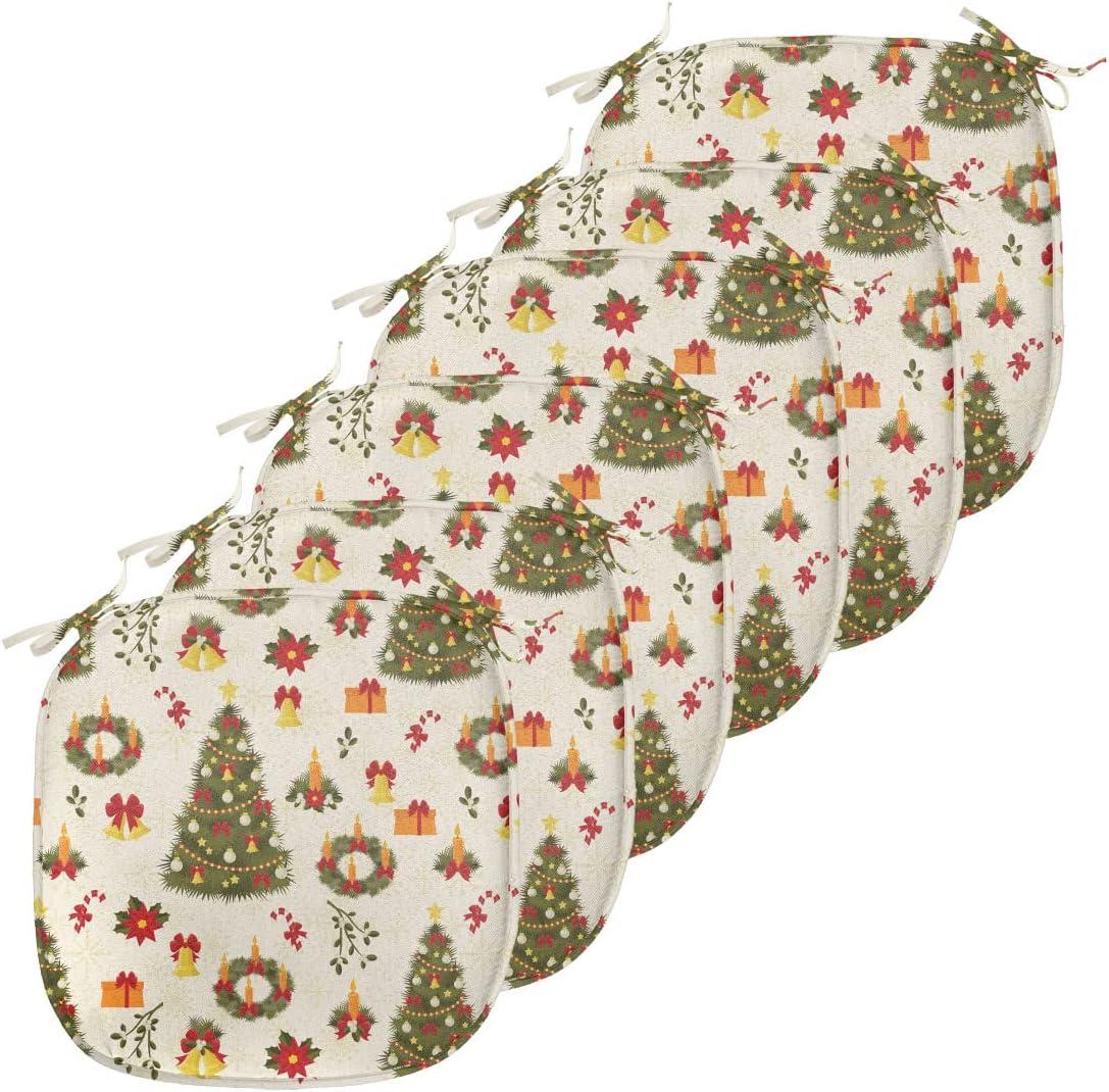 imageAmbesonne Christmas Chair Seating Cushion Set of 6 Xmas Accessories Stockings Candies Horse Teddy Bear on Pine AntiSlip Seat Padding for Kitchen ampamp Patio 16quotx16quot Dark Green Brown and RedOlive Green Yellow