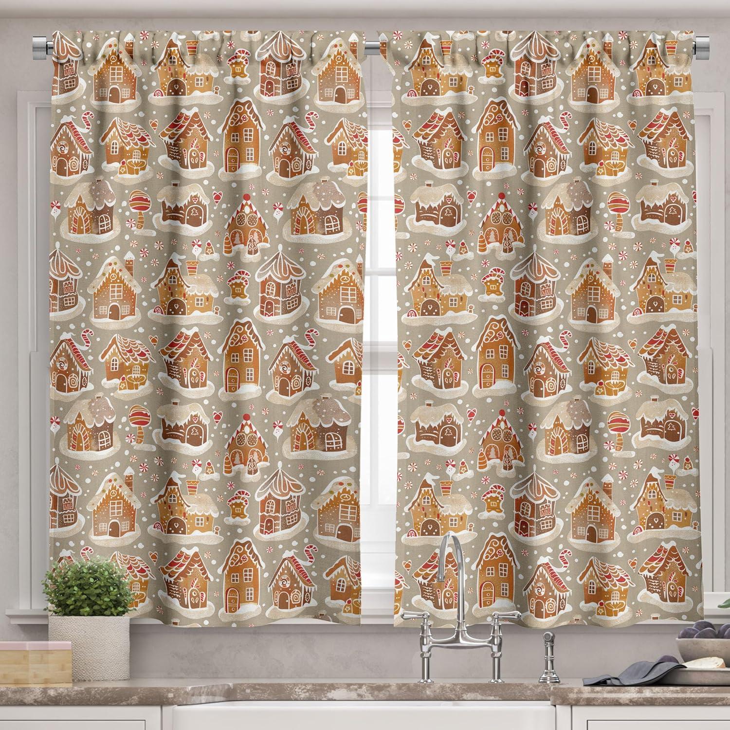 imageAmbesonne Christmas Valance and Curtain 3 pcs Set Xmas Season Theme with Ginger House and Candy Trees Cookies Illustration Window Treatments for Kitchen Room Decor 55quot x 24quot Cinnamon and Beige