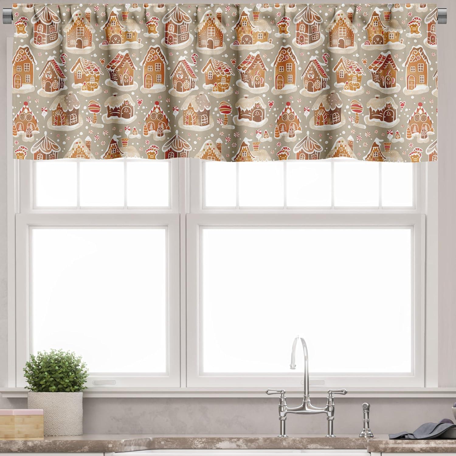 imageAmbesonne Christmas Valance and Curtain 3 pcs Set Xmas Season Theme with Ginger House and Candy Trees Cookies Illustration Window Treatments for Kitchen Room Decor 55quot x 24quot Cinnamon and Beige