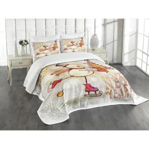 Ambesonne Christmas Bedspread, Skating Happy Snowman with Christmas Tree Cheerful Hand Drawn Ornate Snowflakes, Decorative Quilted 3 Piece Coverlet Set with 2 Pillow Shams, King Size, Red Marigold