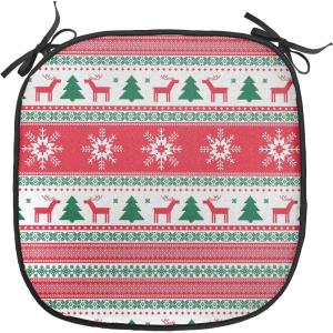 Ambesonne Christmas Chair Seating Cushion Set of 6, Xmas Accessories Stockings Candies Horse Teddy Bear on Pine, Anti-Slip Seat Padding for Kitchen & Patio, 16″x16″, Dark Green Brown and Red(Vermilion Green White)