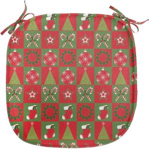 Ambesonne Christmas Chair Seating Cushion Set of 6, Xmas Accessories Stockings Candies Horse Teddy Bear on Pine, Anti-Slip Seat Padding for Kitchen & Patio, 16″x16″, Dark Green Brown and Red(Olive Green White)