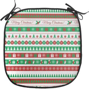 Ambesonne Christmas Chair Seating Cushion Set of 6, Xmas Accessories Stockings Candies Horse Teddy Bear on Pine, Anti-Slip Seat Padding for Kitchen & Patio, 16″x16″, Dark Green Brown and Red(Apple Green White)
