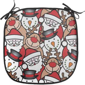 Ambesonne Christmas Chair Seating Cushion Set of 6, Xmas Accessories Stockings Candies Horse Teddy Bear on Pine, Anti-Slip Seat Padding for Kitchen & Patio, 16″x16″, Dark Green Brown and Red(Pale Brown White and Red)