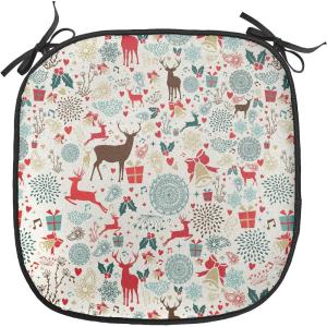 Ambesonne Christmas Chair Seating Cushion Set of 6, Xmas Accessories Stockings Candies Horse Teddy Bear on Pine, Anti-Slip Seat Padding for Kitchen & Patio, 16″x16″, Dark Green Brown and Red(Petrol Blue Brown)