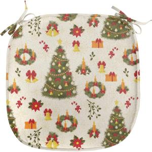 Ambesonne Christmas Chair Seating Cushion Set of 6, Xmas Accessories Stockings Candies Horse Teddy Bear on Pine, Anti-Slip Seat Padding for Kitchen & Patio, 16″x16″, Dark Green Brown and Red(Olive Green Yellow)