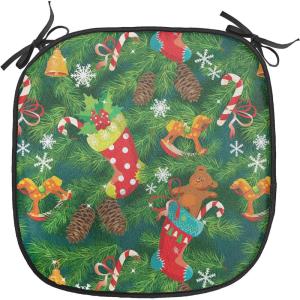 Ambesonne Christmas Chair Seating Cushion Set of 6, Xmas Accessories Stockings Candies Horse Teddy Bear on Pine, Anti-Slip Seat Padding for Kitchen & Patio, 16″x16″, Dark Green Brown and Red(Dark Green Brown and Red)