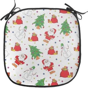 Ambesonne Christmas Chair Seating Cushion Set of 6, Xmas Accessories Stockings Candies Horse Teddy Bear on Pine, Anti-Slip Seat Padding for Kitchen & Patio, 16″x16″, Dark Green Brown and Red(Green and Red)