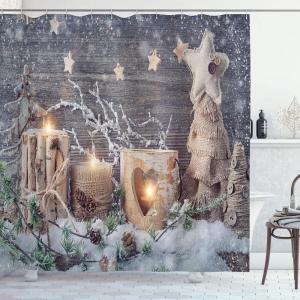 Ambesonne Christmas Shower Curtain, Candle Winter Holiday Themed Arrangement with Snow and Fir Tree Leaves Print, Cloth Fabric Bathroom Decor Set with Hooks, 69″ W x 70″ L, Khaki and Grey