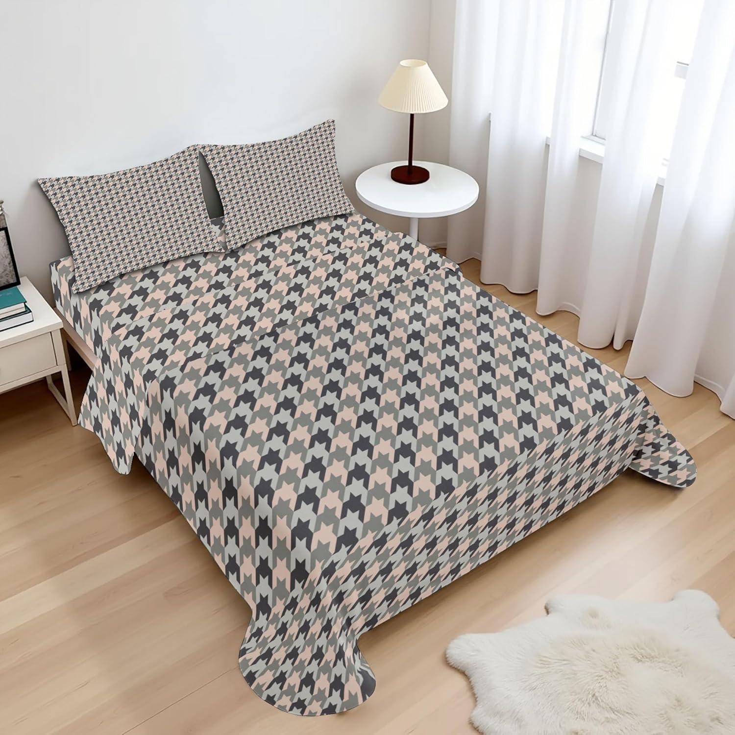imageAmbesonne Houndstooth Sheet Set Neutral Colored Grayscale Pastel Toned Motives Continuous Pattern Art Fitted and Flat Sheet with Pillowcases Bedding Accent 4 Piece Set Full Dust and Purpleblue