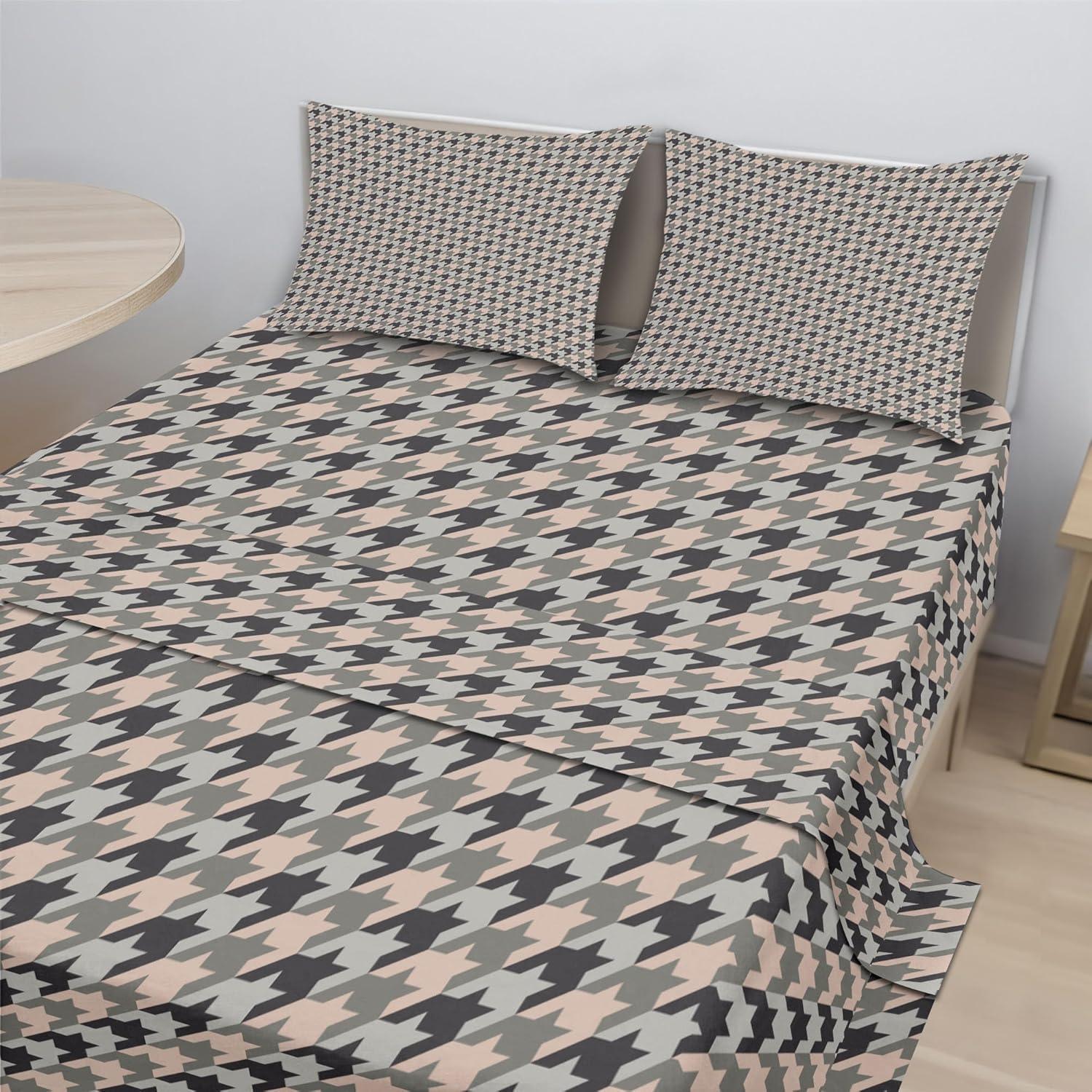 imageAmbesonne Houndstooth Sheet Set Neutral Colored Grayscale Pastel Toned Motives Continuous Pattern Art Fitted and Flat Sheet with Pillowcases Bedding Accent 4 Piece Set Full Dust and Purpleblue