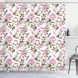 Ambesonne Christmas Shower Curtain, Winter Wonderland Snowfall Xmas December Cold Scenic Shot, Cloth Fabric Bathroom Decor Set with Hooks, 69″ W x 70″ L, Amber White Pale Blue(Pink Green)