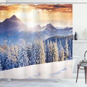 Ambesonne Christmas Shower Curtain, Winter Wonderland Snowfall Xmas December Cold Scenic Shot, Cloth Fabric Bathroom Decor Set with Hooks, 69″ W x 70″ L, Amber White Pale Blue(Amber White Pale Blue)