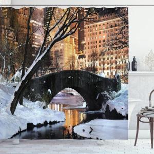 Ambesonne Christmas Shower Curtain, Winter Wonderland Snowfall Xmas December Cold Scenic Shot, Cloth Fabric Bathroom Decor Set with Hooks, 69″ W x 70″ L, Amber White Pale Blue(Black and White)
