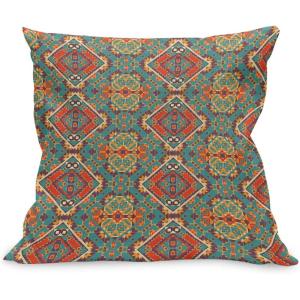 Ambesonne Christmas Throw Pillow Cushion Cover, Romantic Vintage New Year Scenery with Reindeer Tree and Star Design Image, Decorative Square Accent Pillow Case, 20″ X 20″, Brown(Turquoise and Orange)