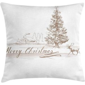 Ambesonne Christmas Throw Pillow Cushion Cover, Romantic Vintage New Year Scenery with Reindeer Tree and Star Design Image, Decorative Square Accent Pillow Case, 20″ X 20″, Brown(Brown)