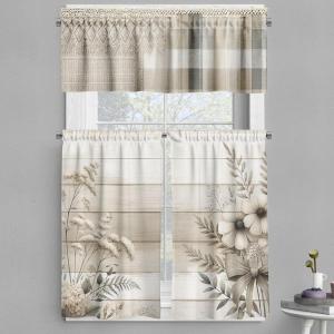 Ambesonne Cottagecore Valance & Tier Curtain 3 pcs Set, Neutral Boho Tender Leafy Flowery with Plaid and Oriental Ornaments, Window Treatments for Kitchen Room Decor, 55″ x 30″, Off White Grey Yellow