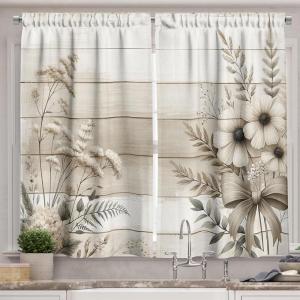 Ambesonne Floral Kitchen Curtains, Neutral Boho Rice Flowers and Leaves on Farmhouse Rustic Back Print, Window Drapes 2 Panel Set for Kitchen Cafe Decor, 55″ x 24″, Off White Grey Yellow