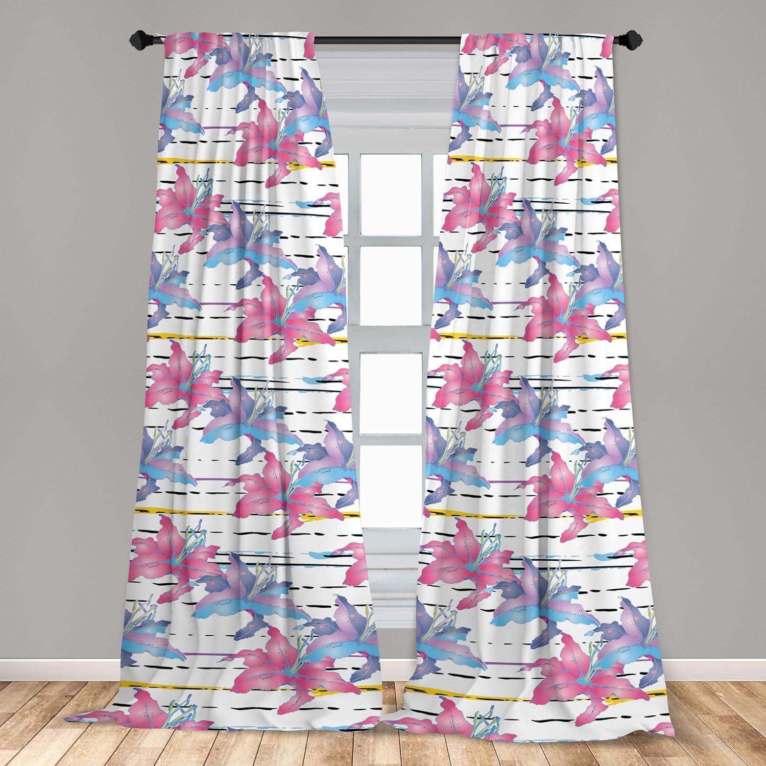 imageAmbesonne Floral Design Curtains Retro Drawings of Spring Feels Flowers Boho with Neutral Leaves Window Treatments 2 Panel Set for Living Room Bedroom Pair of 28quot x 63quot Deep Sky Blue Pale GreyHot Pink Pale Azure Blue