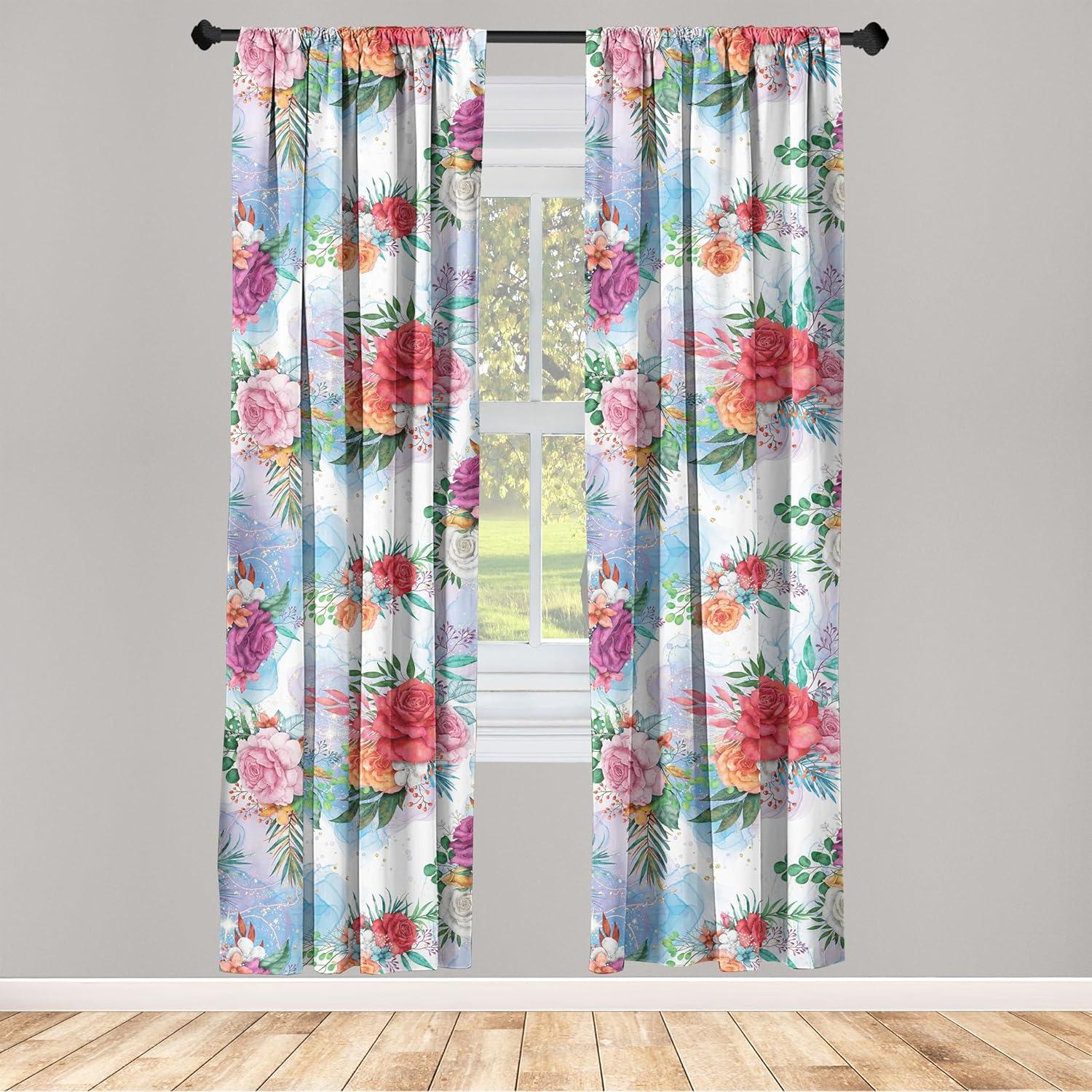 imageAmbesonne Floral Design Curtains Retro Drawings of Spring Feels Flowers Boho with Neutral Leaves Window Treatments 2 Panel Set for Living Room Bedroom Pair of 28quot x 63quot Deep Sky Blue Pale GreyDark Coral Multicolor