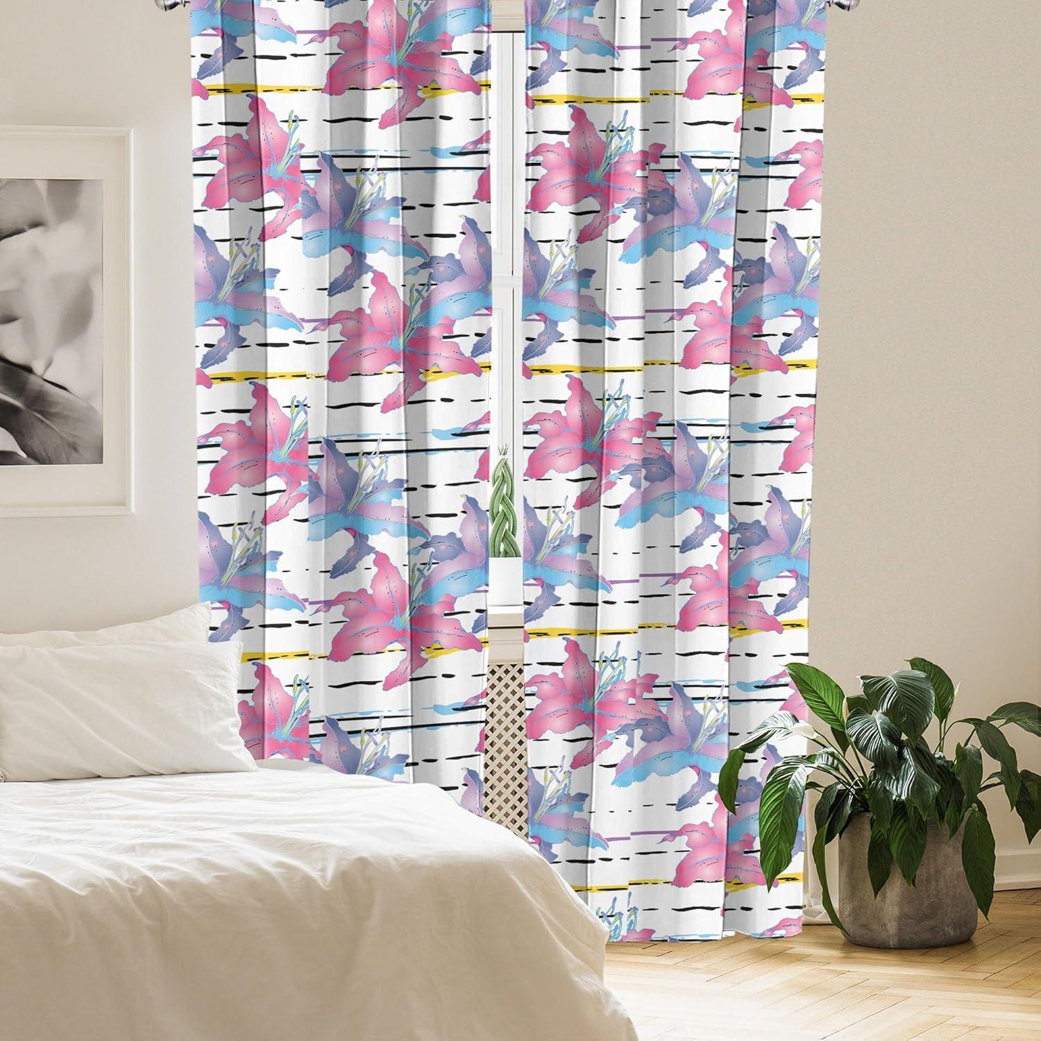 imageAmbesonne Floral Design Curtains Retro Drawings of Spring Feels Flowers Boho with Neutral Leaves Window Treatments 2 Panel Set for Living Room Bedroom Pair of 28quot x 63quot Deep Sky Blue Pale GreyHot Pink Pale Azure Blue