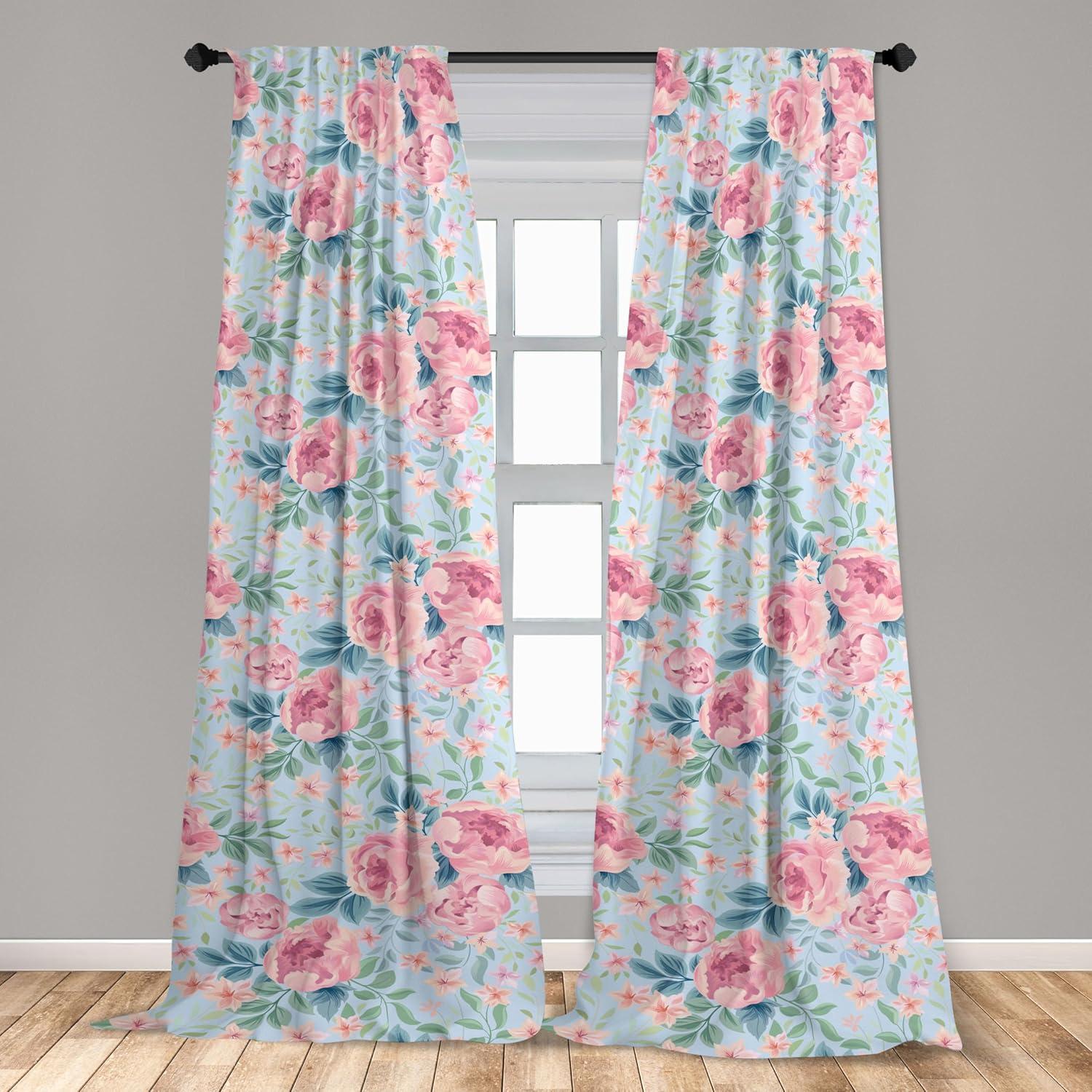 imageAmbesonne Floral Design Curtains Retro Drawings of Spring Feels Flowers Boho with Neutral Leaves Window Treatments 2 Panel Set for Living Room Bedroom Pair of 28quot x 63quot Deep Sky Blue Pale GreyPastel Pink Soft Blue