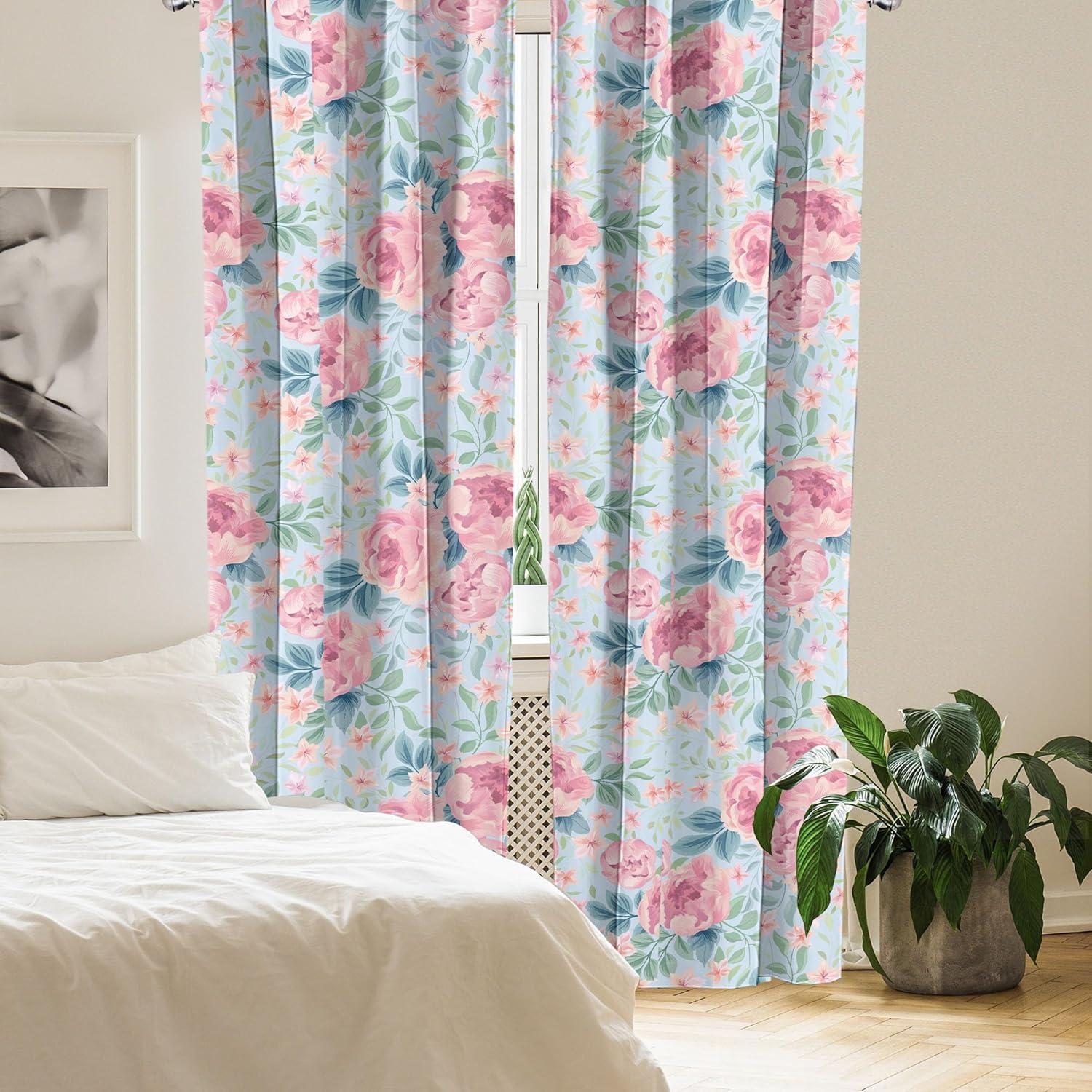 imageAmbesonne Floral Design Curtains Retro Drawings of Spring Feels Flowers Boho with Neutral Leaves Window Treatments 2 Panel Set for Living Room Bedroom Pair of 28quot x 63quot Deep Sky Blue Pale GreyPastel Pink Soft Blue