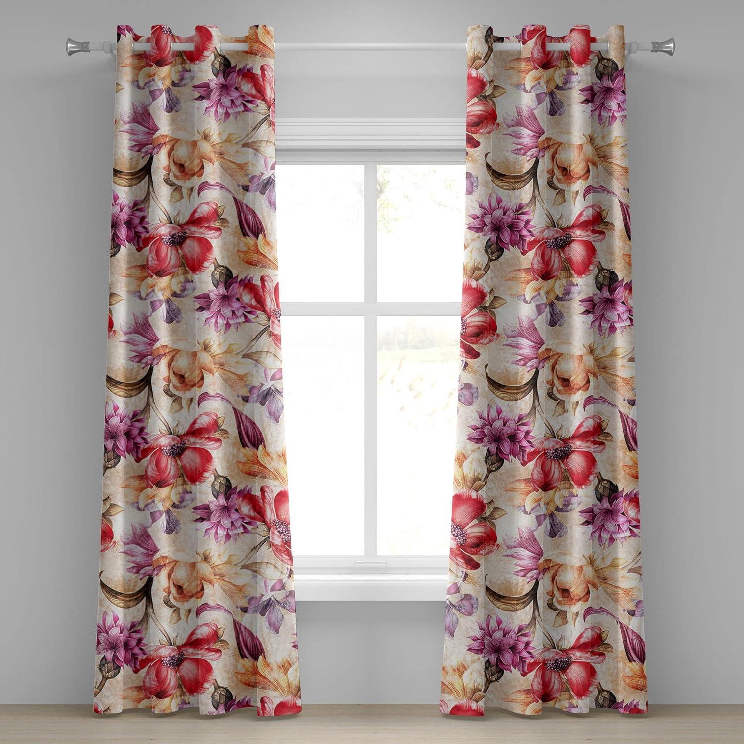 imageAmbesonne Floral Grommet Curtain Neutral Pastel Grunge Abstract Pattern with Blossoming Lily Flowers Decorative Single Panel Drapes for Bedroom Living Room 50quot x 72quot Dark Tan and Slate BluePeach Fuchsia Dark Coral