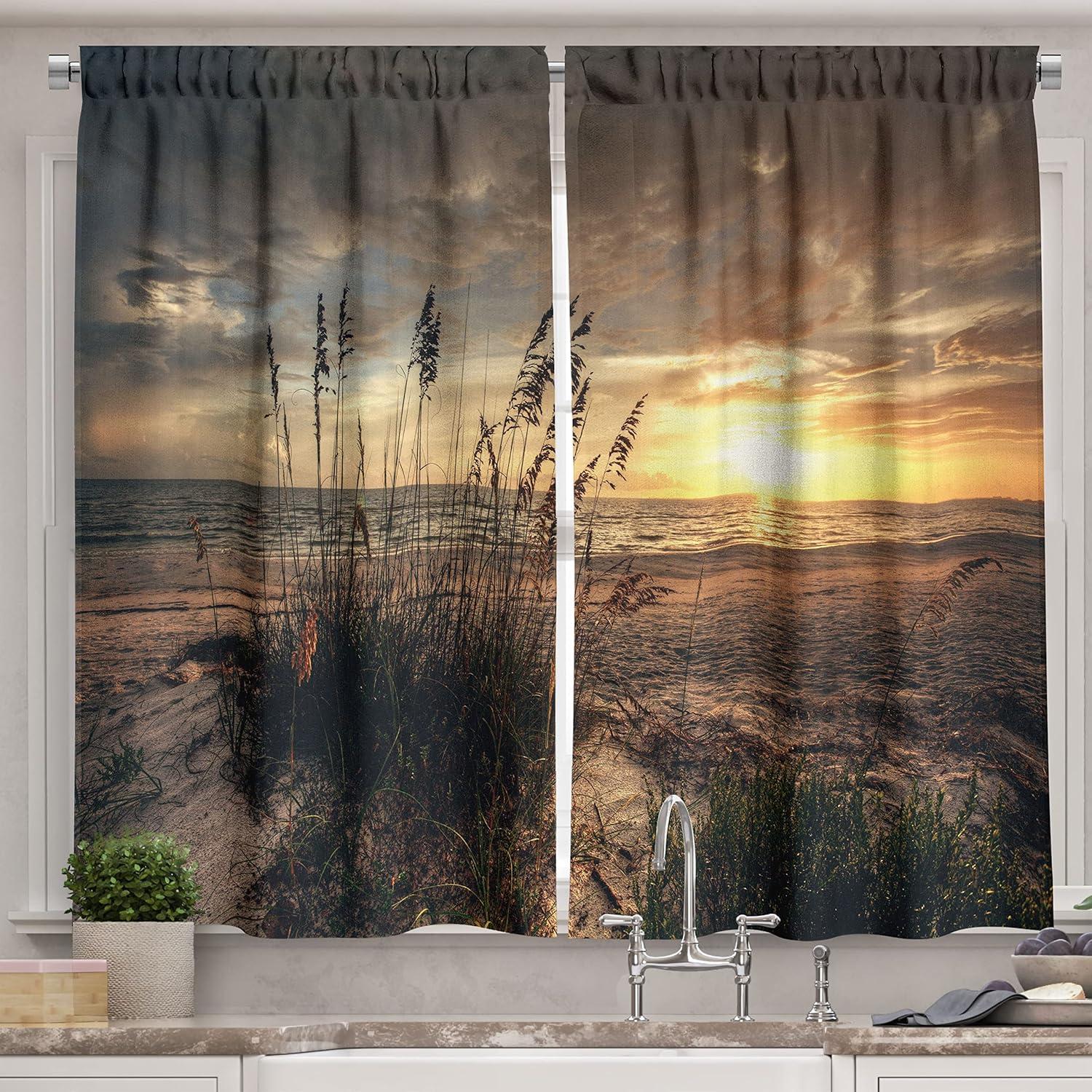 imageAmbesonne Night Sky Kitchen Curtains Full Moon and Foggy Clouds with Turquoise Glass Like Sea Ocean Print Window Drapes 2 Panel Set for Kitchen Cafe Decor 55quot X 39quot Blue WhiteYellow Tan