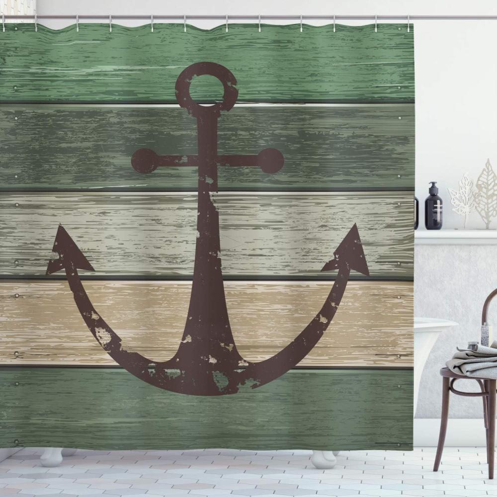 imageAmbesonne Anchor Shower Curtain Marine Sailing Sea Symbol and Grungy Rustic Planks in a Neutral Camo Tone Cloth Fabric Drape for Sea Themed Bathroom Decor Set with Hooks 69quot W x 75quot L Green KhakiGreen Khaki