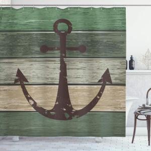 Ambesonne Anchor Shower Curtain, Marine Sailing Sea Symbol and Grungy Rustic Planks in a Neutral Camo Tone, Cloth Fabric Drape for Sea Themed Bathroom Decor Set with Hooks, 69″ W x 75″ L, Green Khaki(Green Khaki)