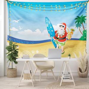 Ambesonne Christmas Tapestry, Santa Claus on The Beach Surfboard Summer Party Celebration Tropical Art, Fabric Wall Hanging Decor for Bedroom Living Room Dorm, 45″ X 30″, Blue Yellow