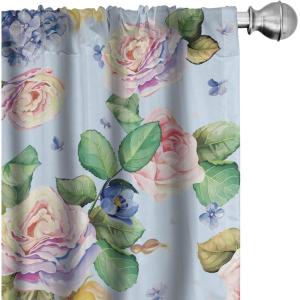 Ambesonne Floral Design Curtains, Retro Drawings of Spring Feels Flowers Boho with Neutral Leaves, Window Treatments 2 Panel Set for Living Room Bedroom, Pair of – 28″ x 63″, Deep Sky Blue Pale Grey(Pale Blue Multicolor)