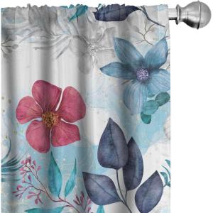 Ambesonne Floral Design Curtains, Retro Drawings of Spring Feels Flowers Boho with Neutral Leaves, Window Treatments 2 Panel Set for Living Room Bedroom, Pair of – 28″ x 63″, Deep Sky Blue Pale Grey(Dark Pink Dark Indigo)