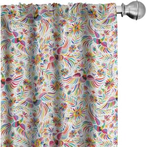 Ambesonne Mexican Window Curtains Pack of 2, Colorful Nature Inspired Pattern Birds Flowers Leaves and Dots Creativity, Lightweight Set with Rod Pocket, 4 Panels of – 28″ x 84″, Red Cream(Red Cream)
