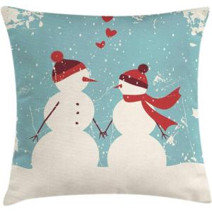 Ambesonne Christmas Throw Pillow Cushion Cover, Snowman and Woman Romantic Couple in Love Holding Hands Grunge Display, Decorative Square Accent Pillow Case, 16″ X 16″, Seafoam Cream