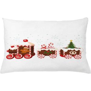 Ambesonne Christmas Throw Pillow Cushion Cover, Train with Gingerbread Cream Candy Cartoon Toys Snowflakes Presents, Decorative Rectangle Accent Pillow Case, 26″ X 16″, White Brown Vermilion